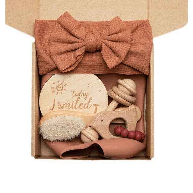Baby Silicone Bibs Headband Brush Gift Set: Brown