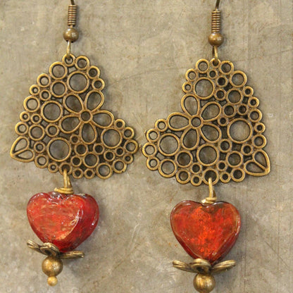 Filigree Hearts & Red Czech Bead Earrings