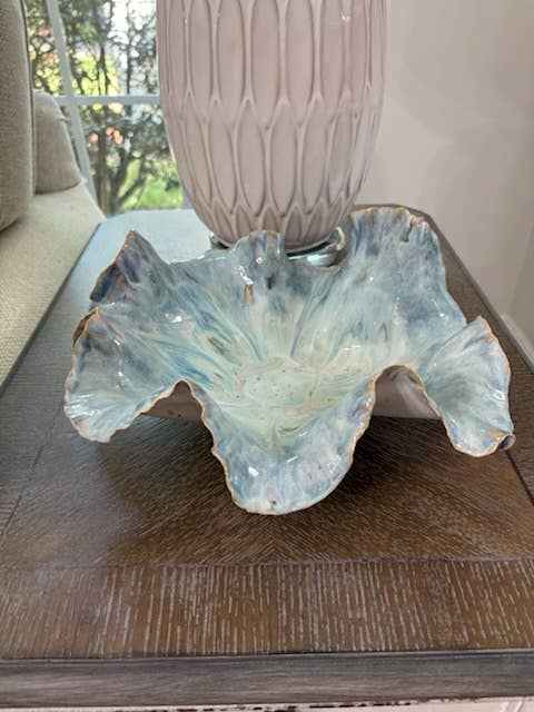 Sculptural Ceramic Ruffled Centerpiece – Oceanic Blue