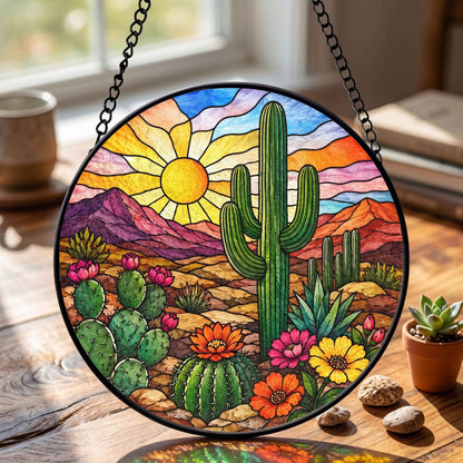 Desert Sunset Cactus Stained Suncatcher, Colorful Southwest