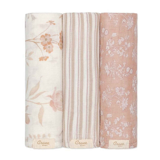 Crane Baby - Violet Floral 100% Cotton Muslin Swaddle Blankets (Set of 3)