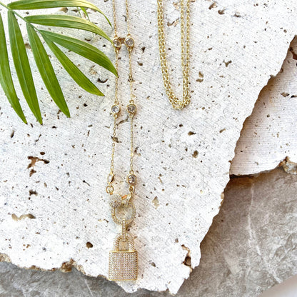 Gold lock pedant necklace Crystal micro pace Jewelry trendy