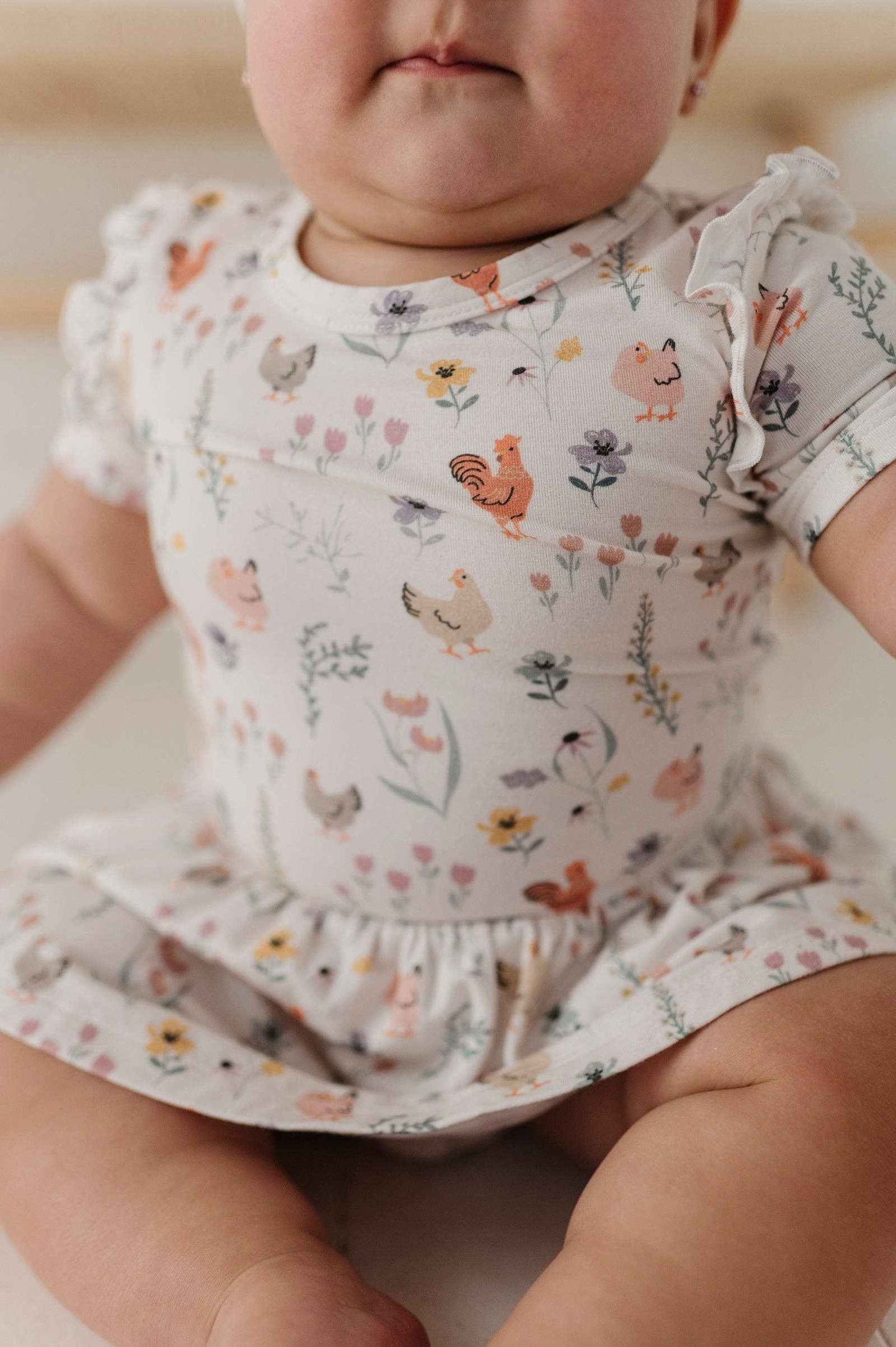 Babysprouts Girl's Short Sleeve Bodysuit Dress Set: Floral Chickens / NB