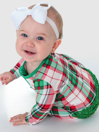 SoftSnooze™ Baby Girls Cotton Modal Dashing Dreams Plaid Footed Ruffle One Piece Pajama: White / 0-3m