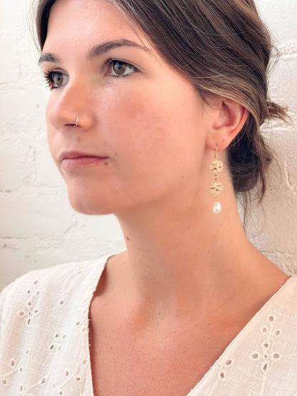 Pearl and two flower dangle earrings