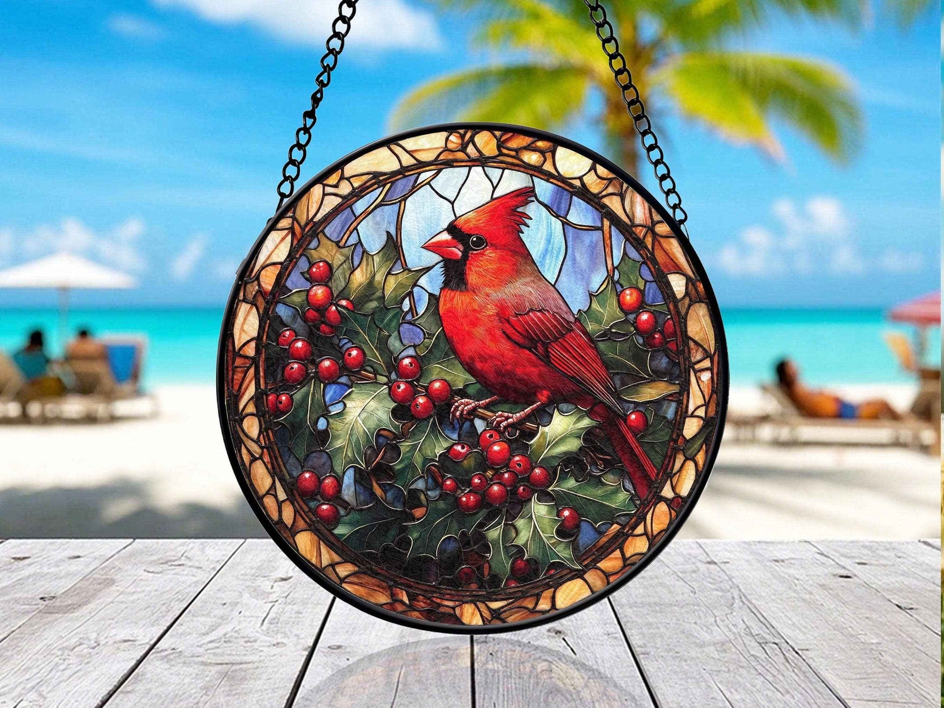 Stained Glass Cardinal Suncatcher, Red Bird with Holly