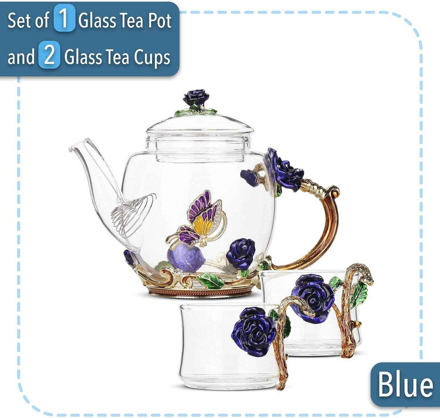 Floral Glass Tea Set with Teapot – 2 Cups