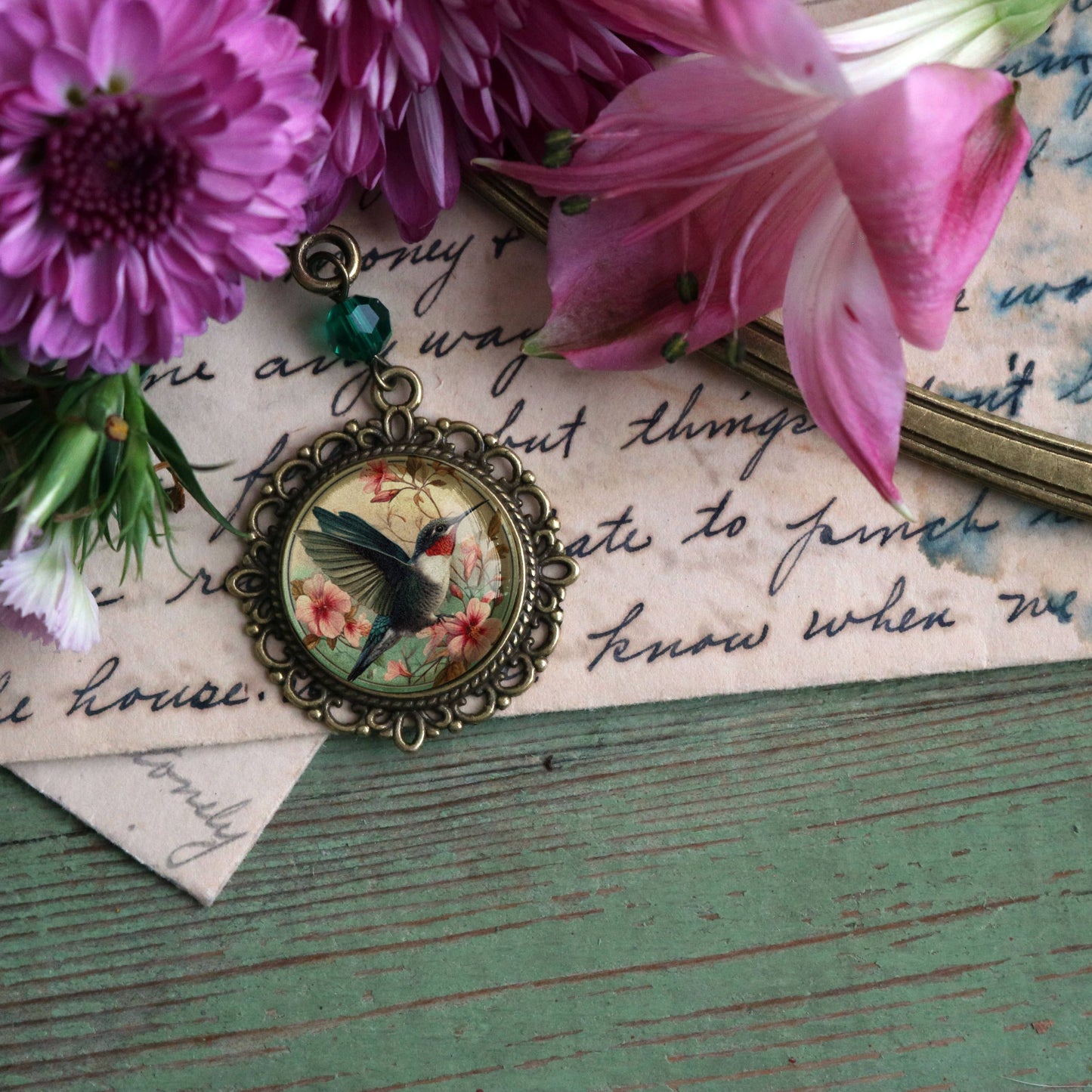 Hummingbird Art Nouveau Glass Cabochon Bronze Bookmark