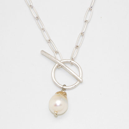 Necklace Paper Clip Matte Silver w/Baroque Pearl 18”