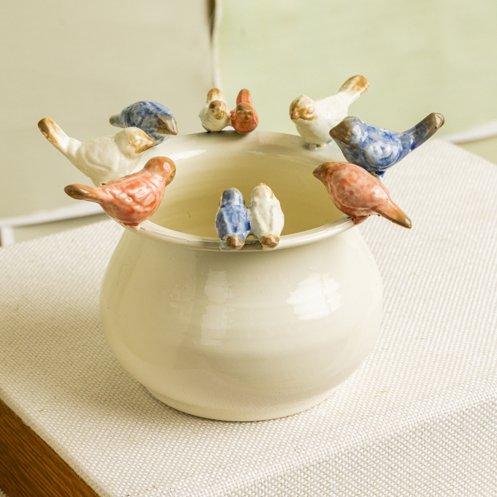 Enamel Pot With Birds On Rim