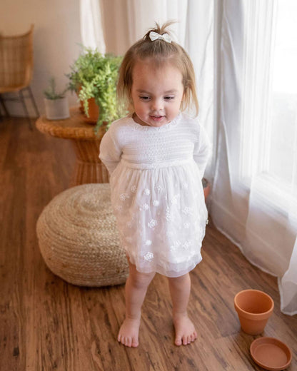 Viverano Organics - Milan White Floral Embroidered Tutu Knit Baby Dress Organic