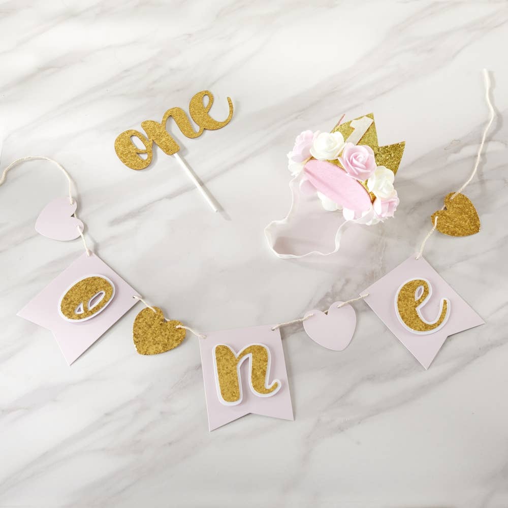 Gold Glitter 1st Birthday Décor Kit (Rosette Crown)