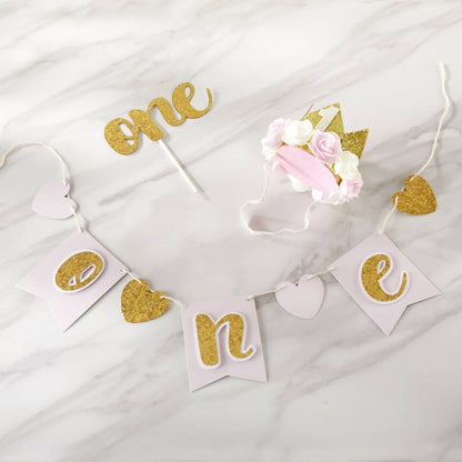 Gold Glitter 1st Birthday Décor Kit (Rosette Crown)