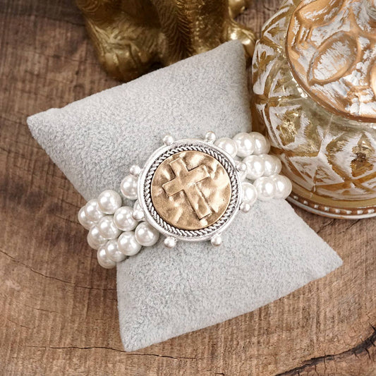 Gracebound – Pulsera llamativa 3 en 1 con moneda cruzada y perla gruesa en metales mixtos