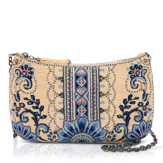 Mary Frances Accessories - Mediterranean Mood Blue & Cream Floral Beaded Crossbody Bag