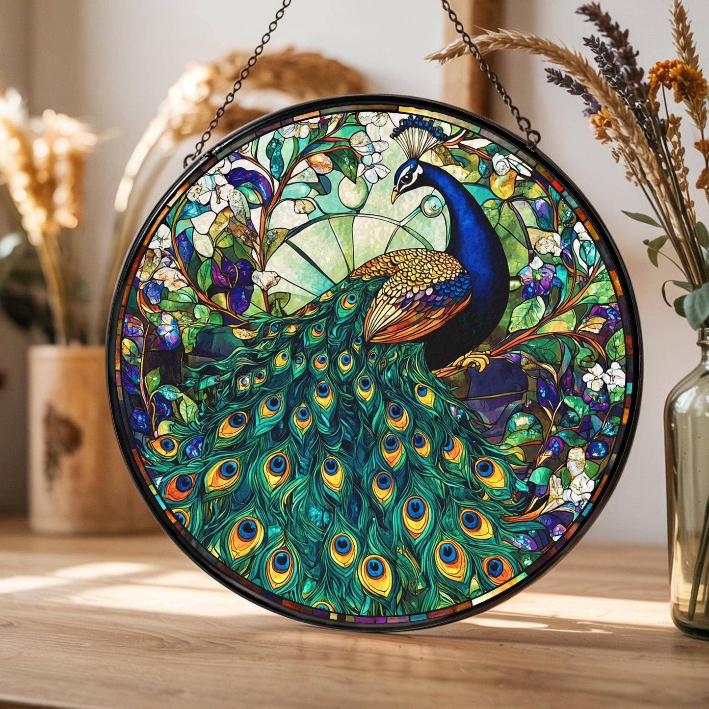 Peacock Stained Glass Suncatcher, Peacock Flowers Decor