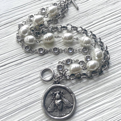 Bee jewelry coin bracelet pearl crystal charm