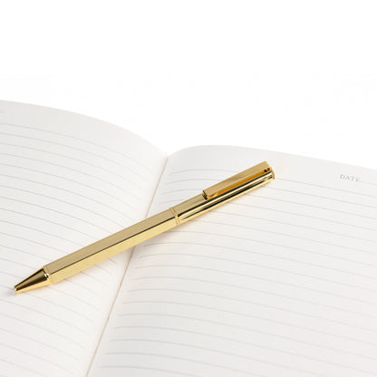La Petite Presse Bee Fabric-Bound Journal with Pen, A marigold fabric journal with a gold foil bee and the words Busy Bee on the cover, paired with a gold twist pen.