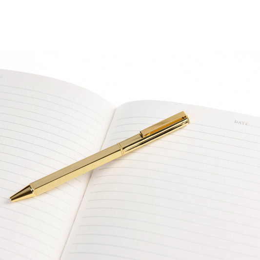 La Petite Presse Bee Fabric-Bound Journal with Pen, A marigold fabric journal with a gold foil bee and the words Busy Bee on the cover, paired with a gold twist pen.