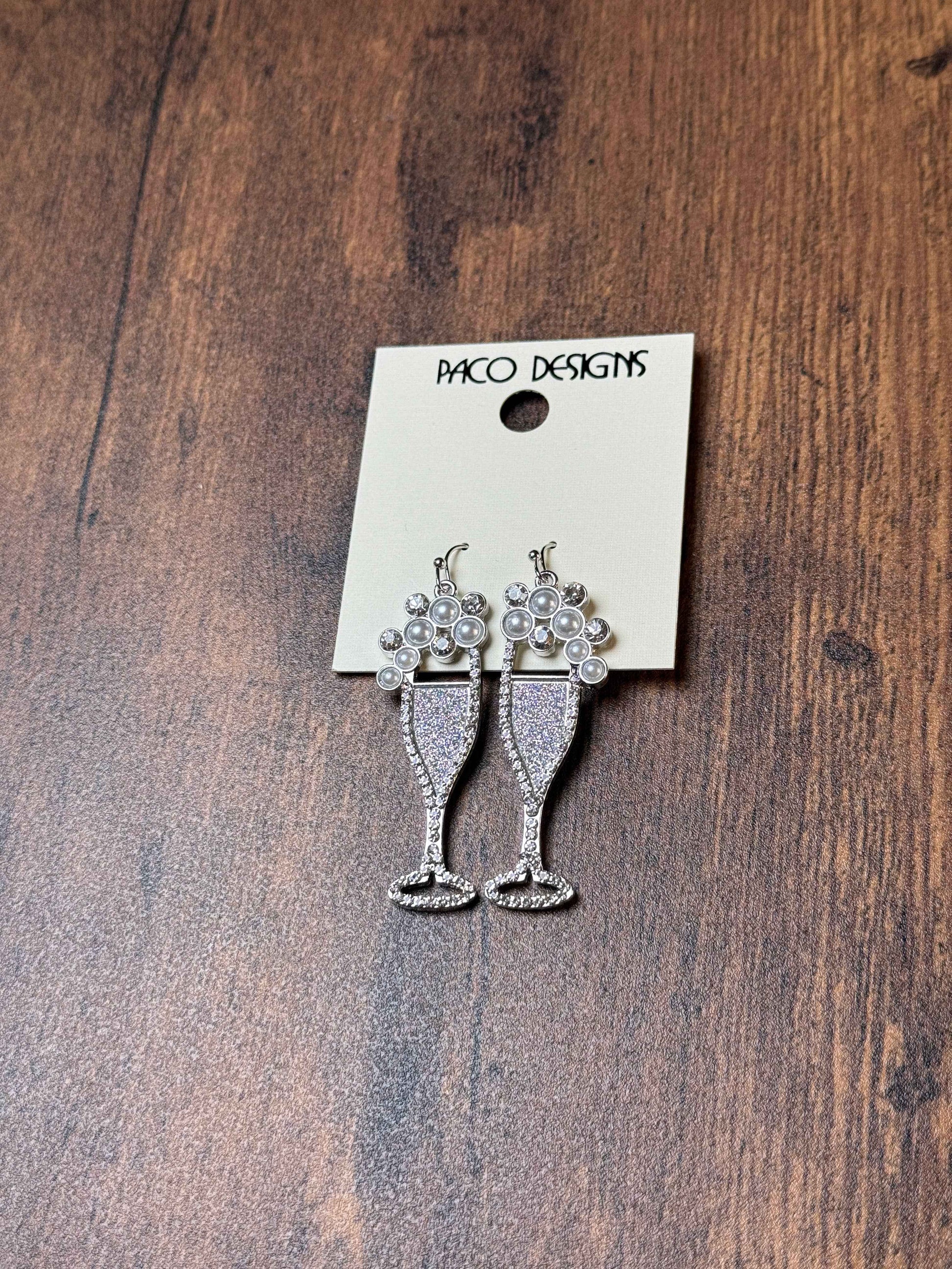 Sparkly Silver Champagne Flute Earrings with Pearls
