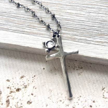 Cross charm necklace pyrite semi precious jewelry