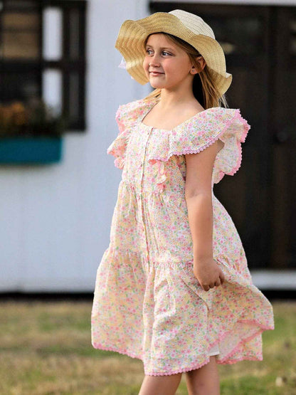 Spring Floral Girls Ruffle Dress With Bow Straw Hat Set: 6