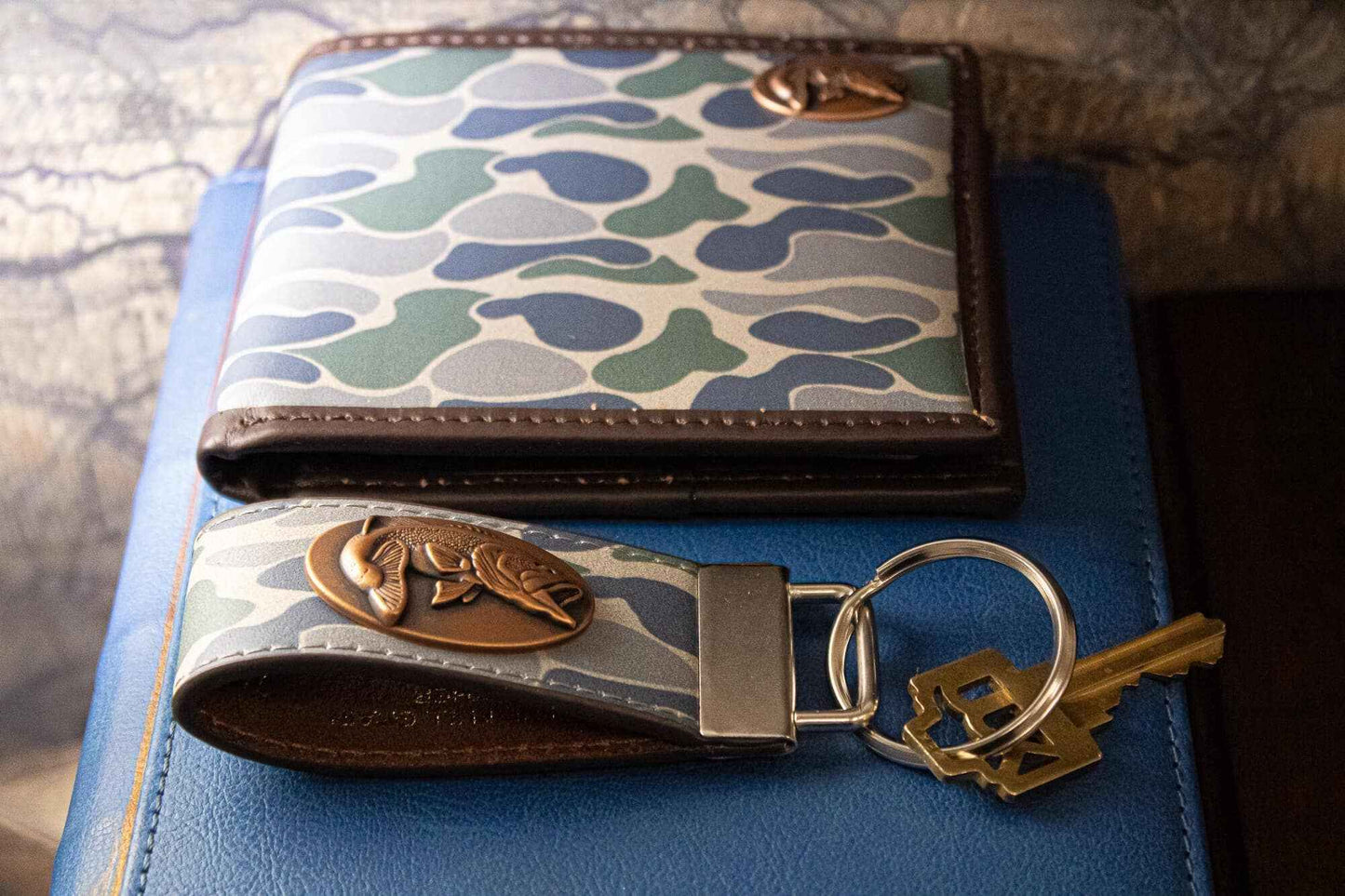 Bass Fishing Old School Camo Leather Loop Keychain.: Brown/Tan Camo