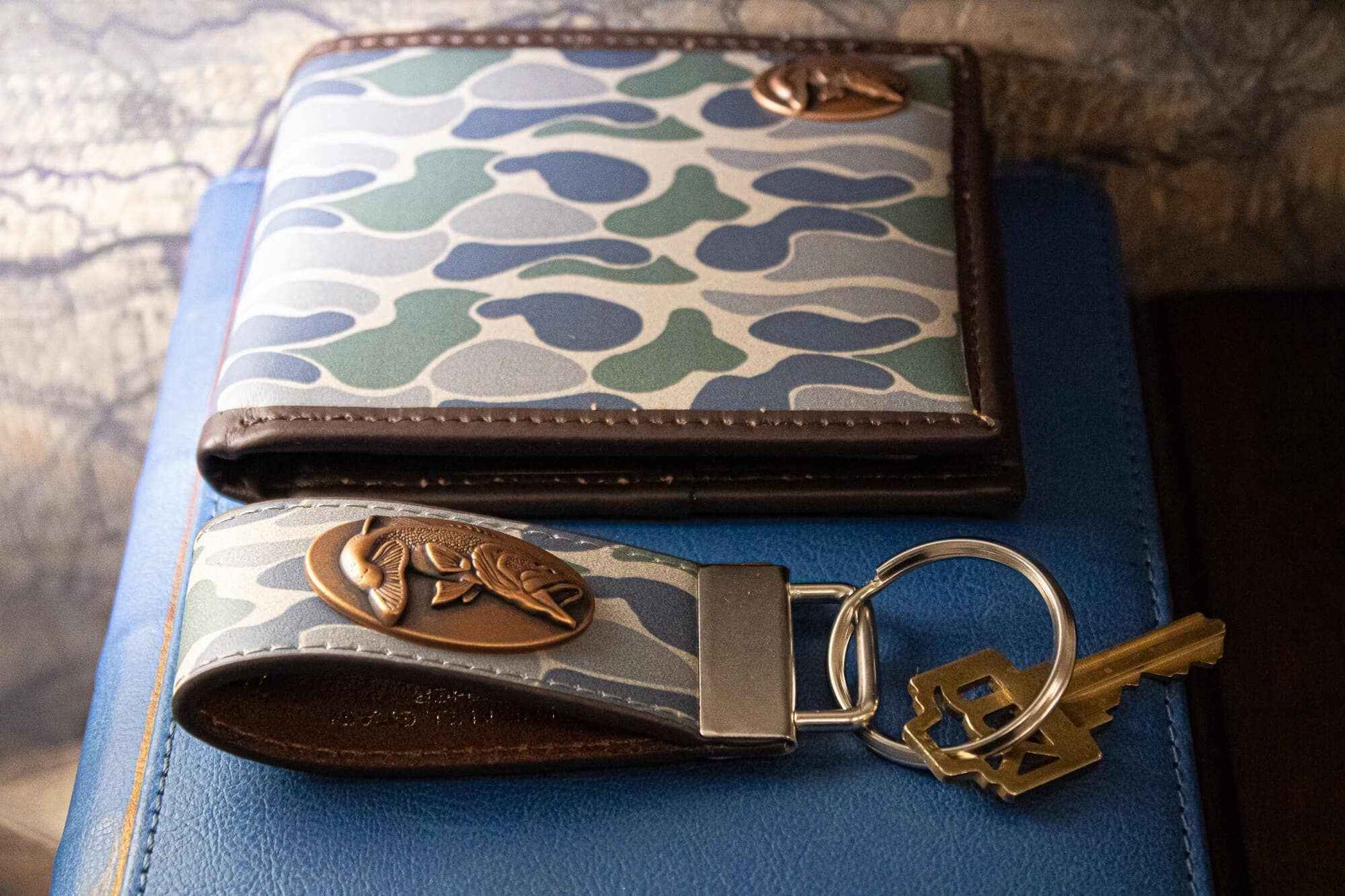Bass Fishing Old School Camo Leather Loop Keychain.: Brown/Tan Camo
