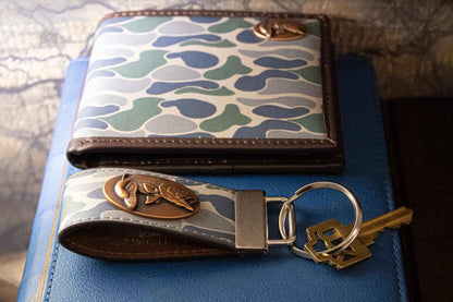 Bass Fishing Old School Camo Leather Loop Keychain.: Brown/Tan Camo