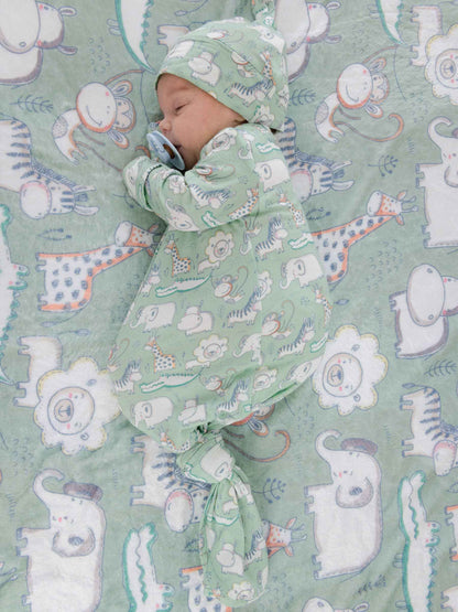 SoftSnooze™ Baby Bamboo Viscose Sage Safari Knotted Sleep Gown & Hat Set: Green / Newborn-3m