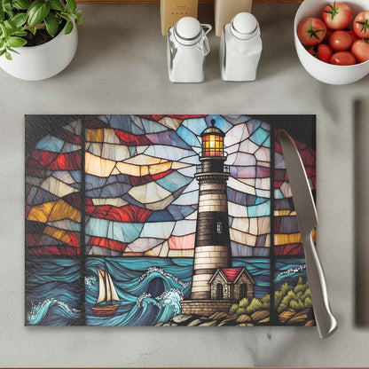 Lighthouse Tempered Glass Nautical Kitchen Cutting Board: 11x15 inch