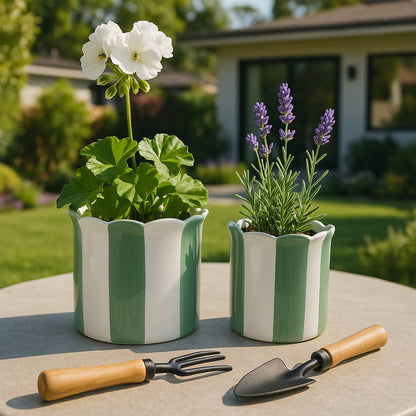 Sagebrook Home - Planters Set of 2 - Green/White Ceramic Striped, 6/8 in.
