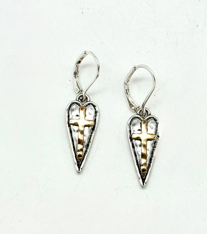 Earring Alloy Plated Heart w/Cross Drop w/Closed Hook