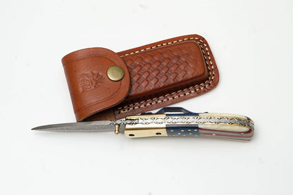 Patriotic American Flag Folding Knife -Hand-Forged Damascus Steel