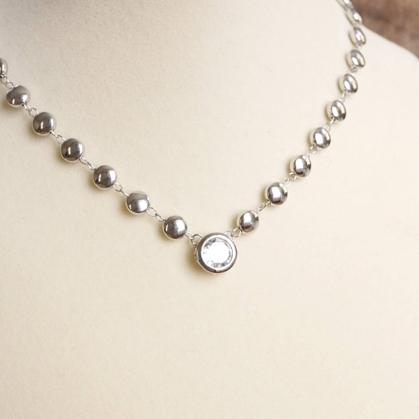 PennyLine inc - Clear Crystal Bezel Pendant Dot Chain Neckline Necklace