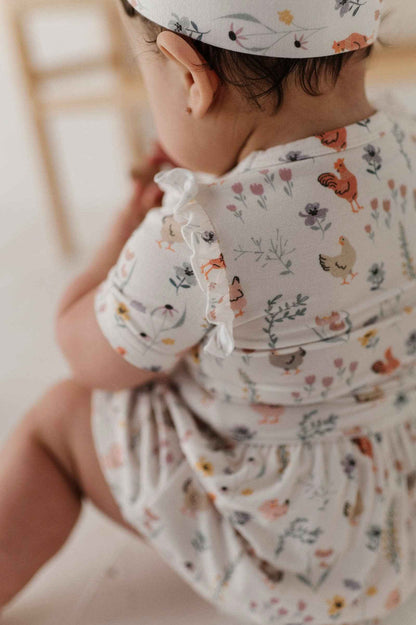 Babysprouts Girl's Short Sleeve Bodysuit Dress Set: Floral Chickens / NB