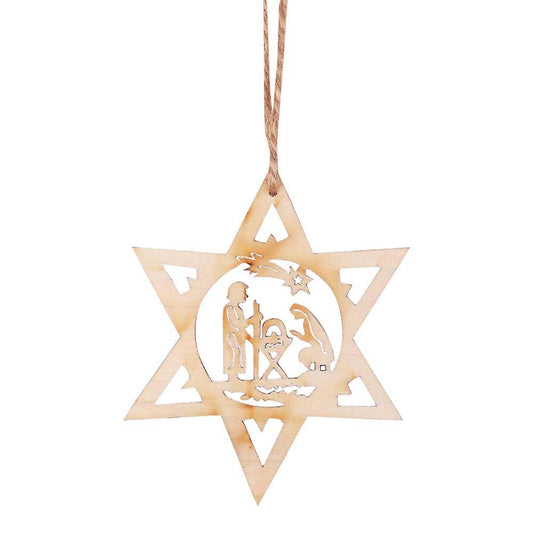 ORNAMENT STAR WITH HOLY FAMILY WOOD 3.875"
