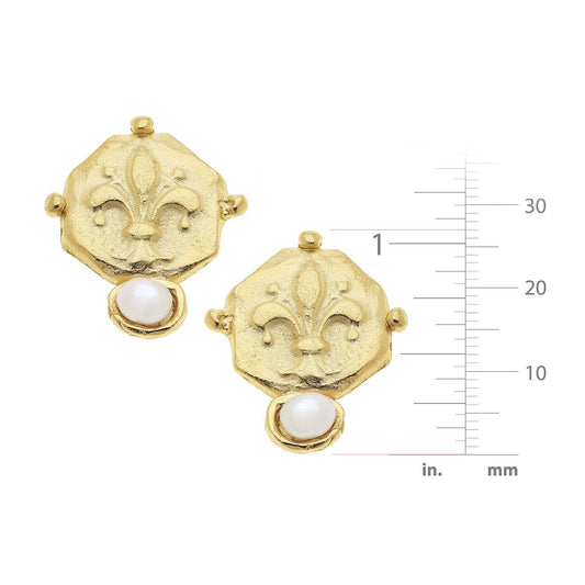 Susan Shaw - Gold Fleur De Lis Intaglio and Hand Set Genuine Freshwater Pearl Earrings