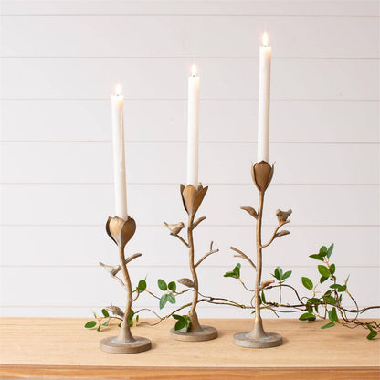 Candle Holder  Flower Stems With Birds (Set Of 3)