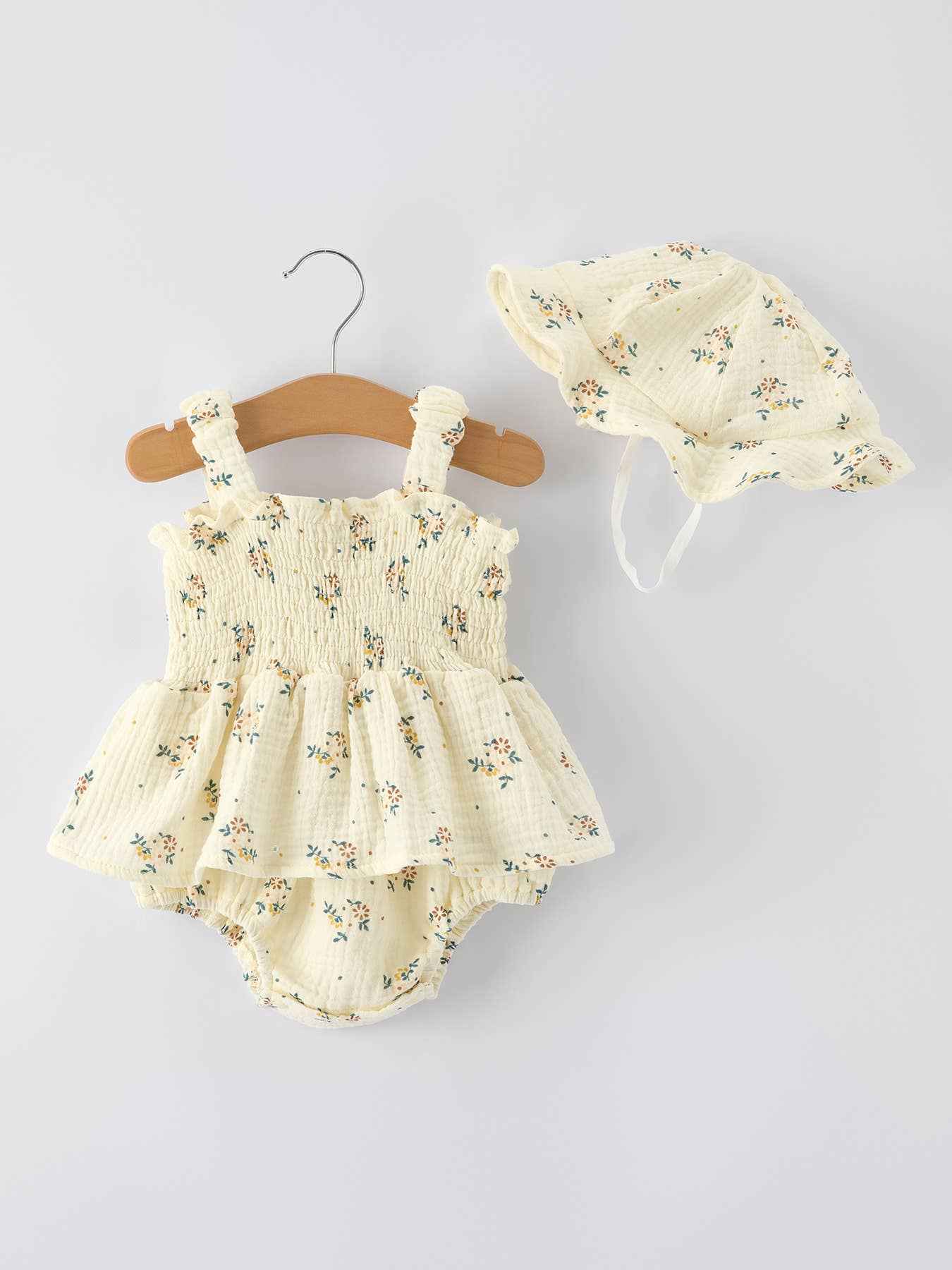 Spring Floral Smocked Ruffle Romper and Hat Set: 18M