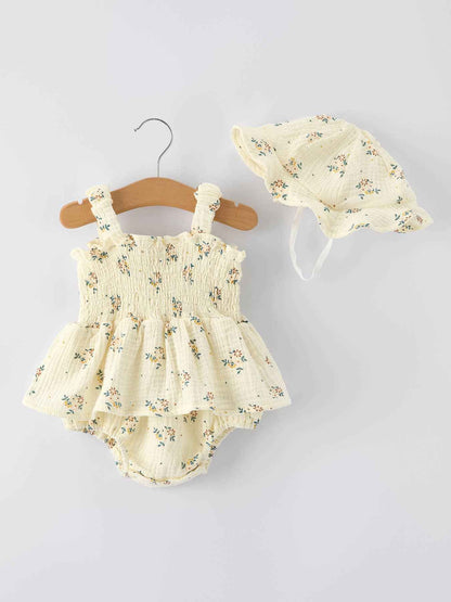 Spring Floral Smocked Ruffle Romper and Hat Set: 18M