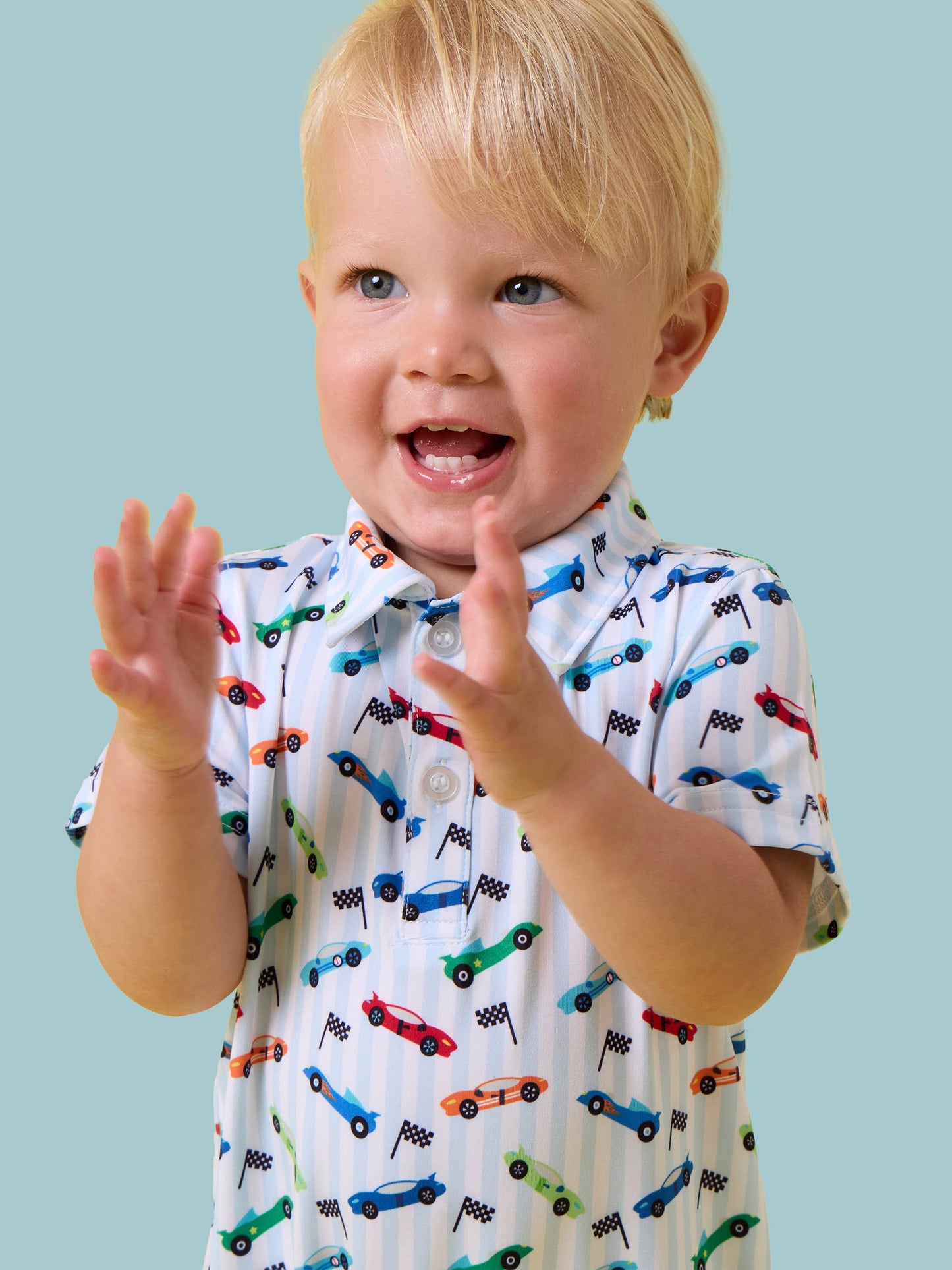 Baby Boys Let's Roll Racecar Performance Polo Romper: Blue