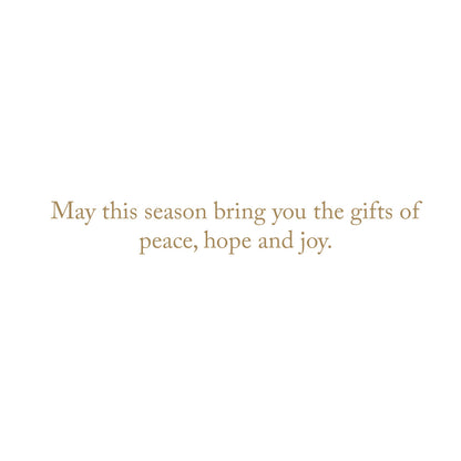 Season's Greetings Holiday Boxed Cards, A Christmas card with a watercolor holly and berry design and gold foil Seasons Greetings script, shown with its red envelope.