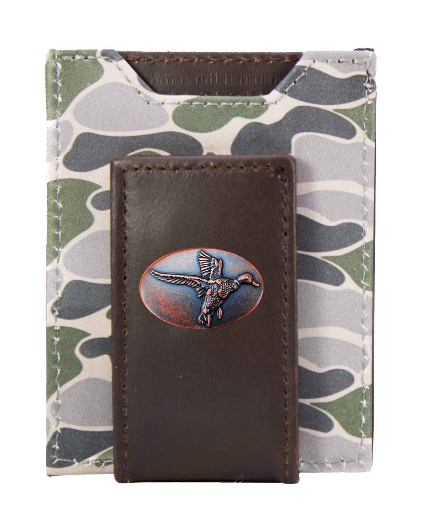 Mallard Men's Magnetic Front Pocket Old School Camo Leather Wallet.: Brown/Tan Camo