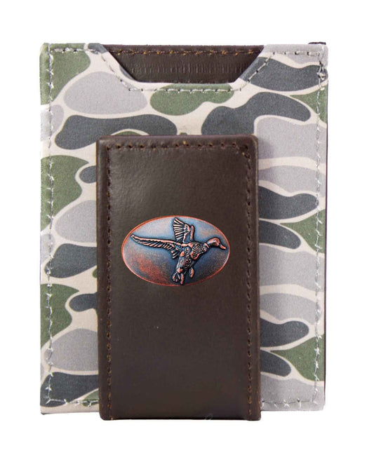 Mallard Men's Magnetic Front Pocket Old School Camo Leather Wallet.: Brown/Tan Camo