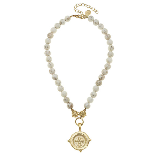 Susan Shaw - White Turquoise with Italian Fleur de Lis Intaglio Necklace