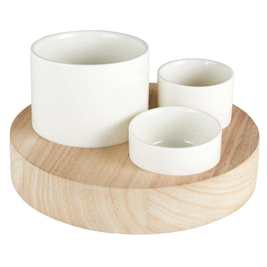 Trio Ceramic Bowl Set Wood Base