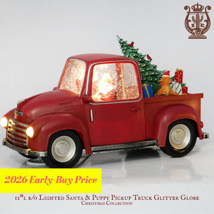 11" Red Truck Glitter Snow Globe, Santa & Puppy or Elf