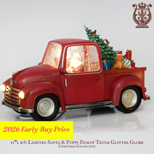 11" Red Truck Glitter Snow Globe, Santa & Puppy or Elf
