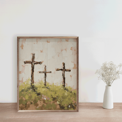 Three Crosses On Hill Grass